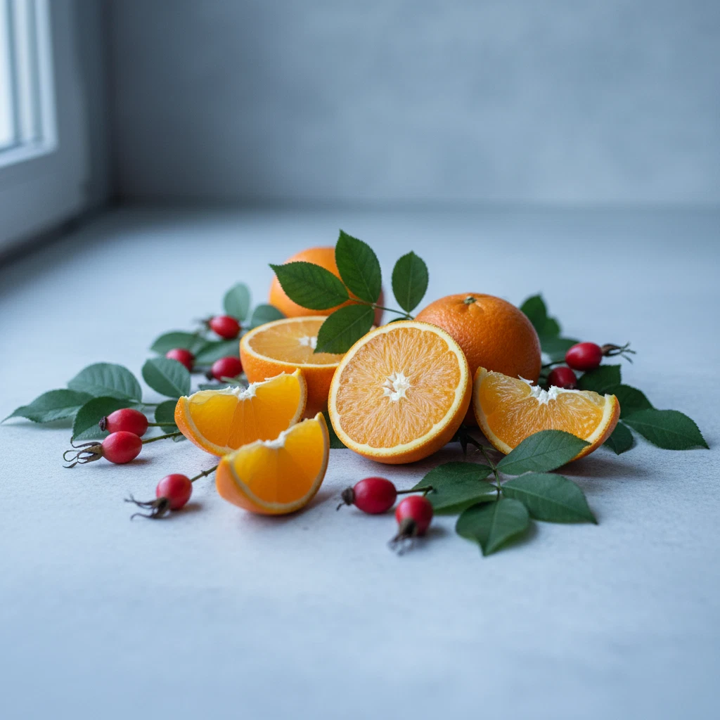 Solva Root Metabolic -ainesosat sitrushedelmiä, vihreyttä ja pähkinöitä vaalean pöydän päällä
