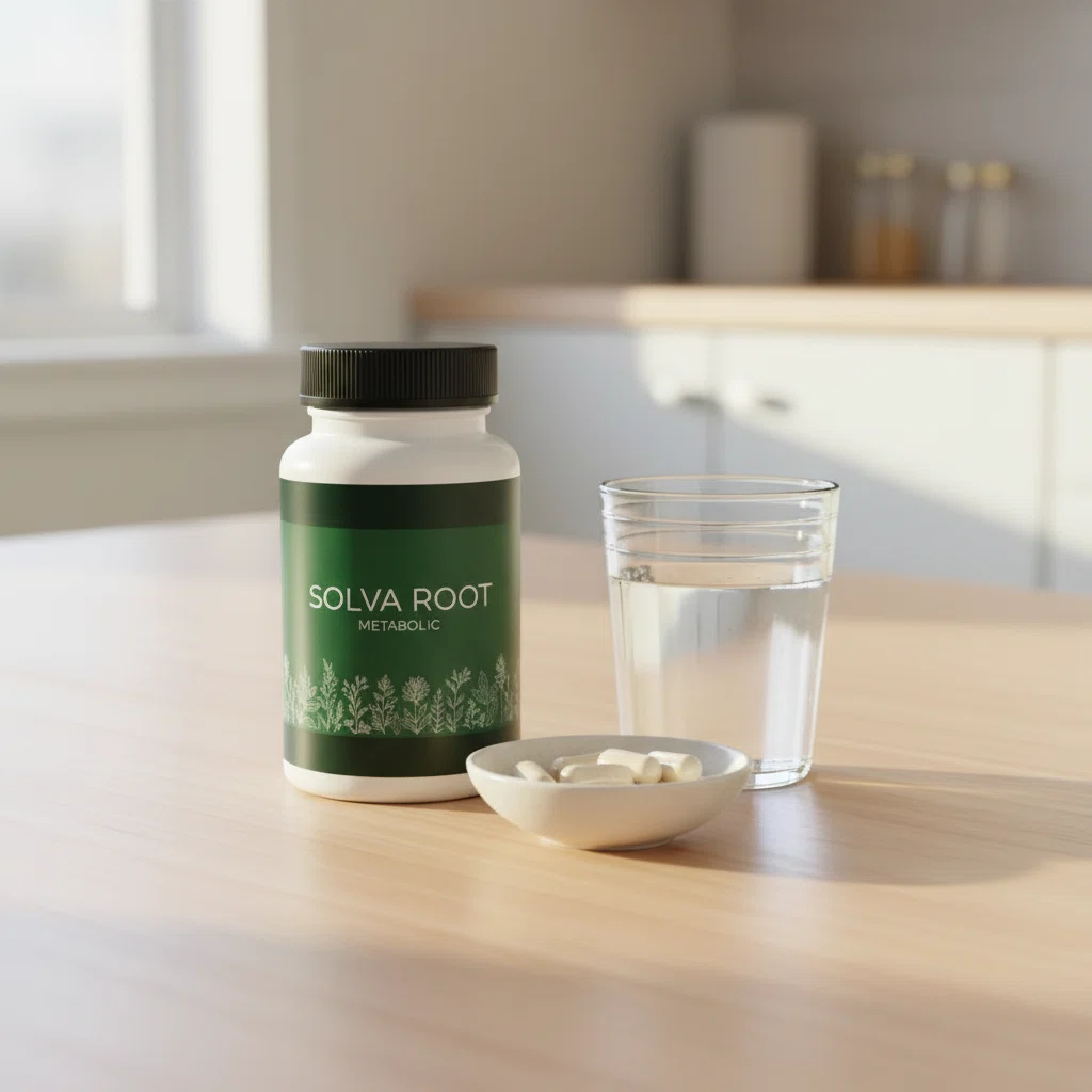 Solva Root Metabolic -pakkaus pöydällä vesilasi vieressä - aamuinen käyttöhetki